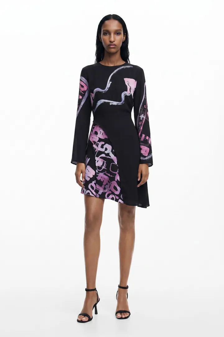 Desigual, Vestido corto asimétrico letras, Poliester, Negro, L