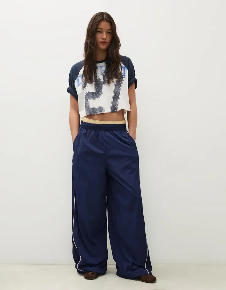 Bershka Pantalón Parachute Técnico Mujer L Marino