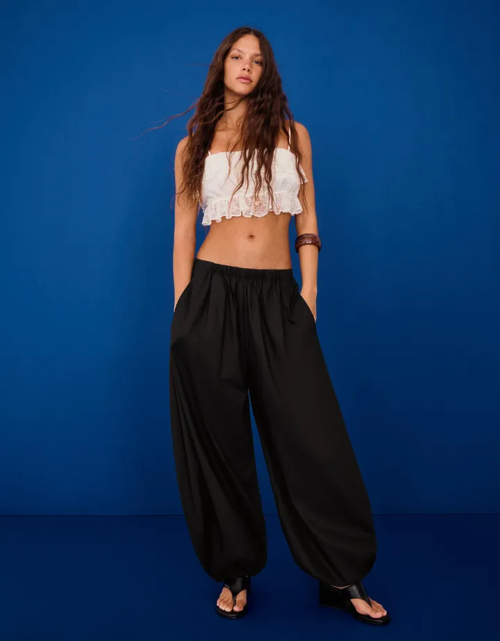 Bershka Pantalón Bloomer Popelín Mujer L Negro