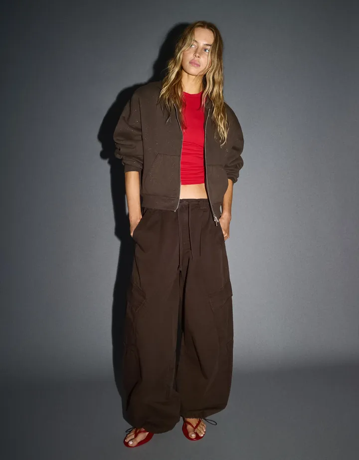 Bershka Sudadera Capucha Brillos Mujer L Marrón