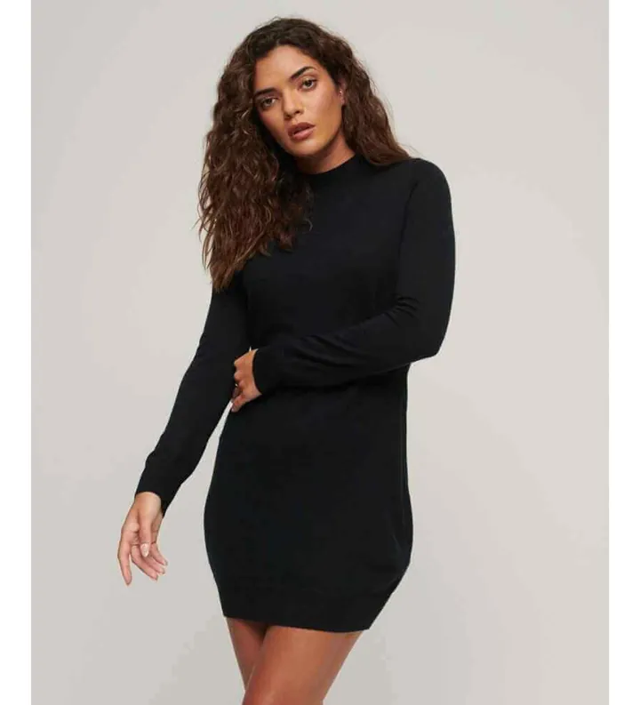 Superdry para mujer. W8011223A Vestido de punto de manga larga en lana negro (L), Casual, Algodón