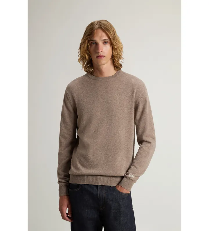 Woolrich para hombre. CFWOKN0278MRUF0469 Jersey de cuello redondo de lana marrón (S), Casual