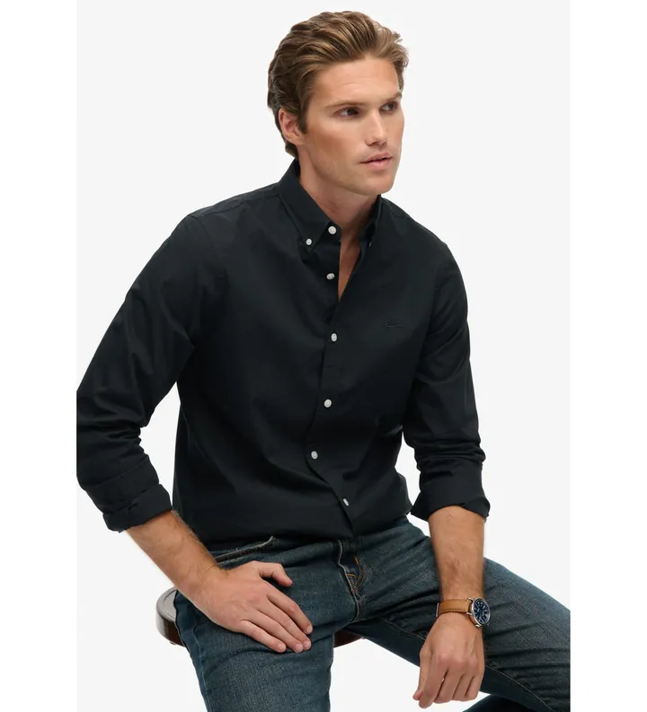 Superdry para hombre. M4011064A Camisa Essentials Tailored Lite negro (S), Algodón, Clásico, Manga larga