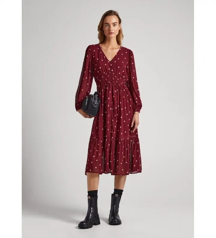 Pepe Jeans para mujer. PL953359 Vestido Gio granate (L), Casual, Viscosa, Manga larga, Sostenible