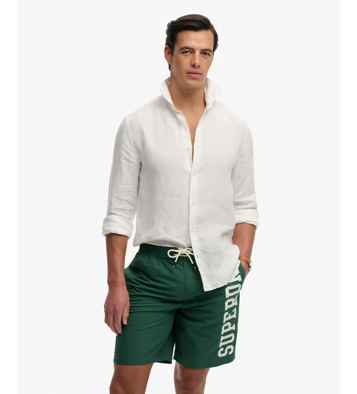 Superdry para hombre. M3010268A Bañador Logo 19 Boardshort verde (L), Beachwear, Poliéster Reciclado