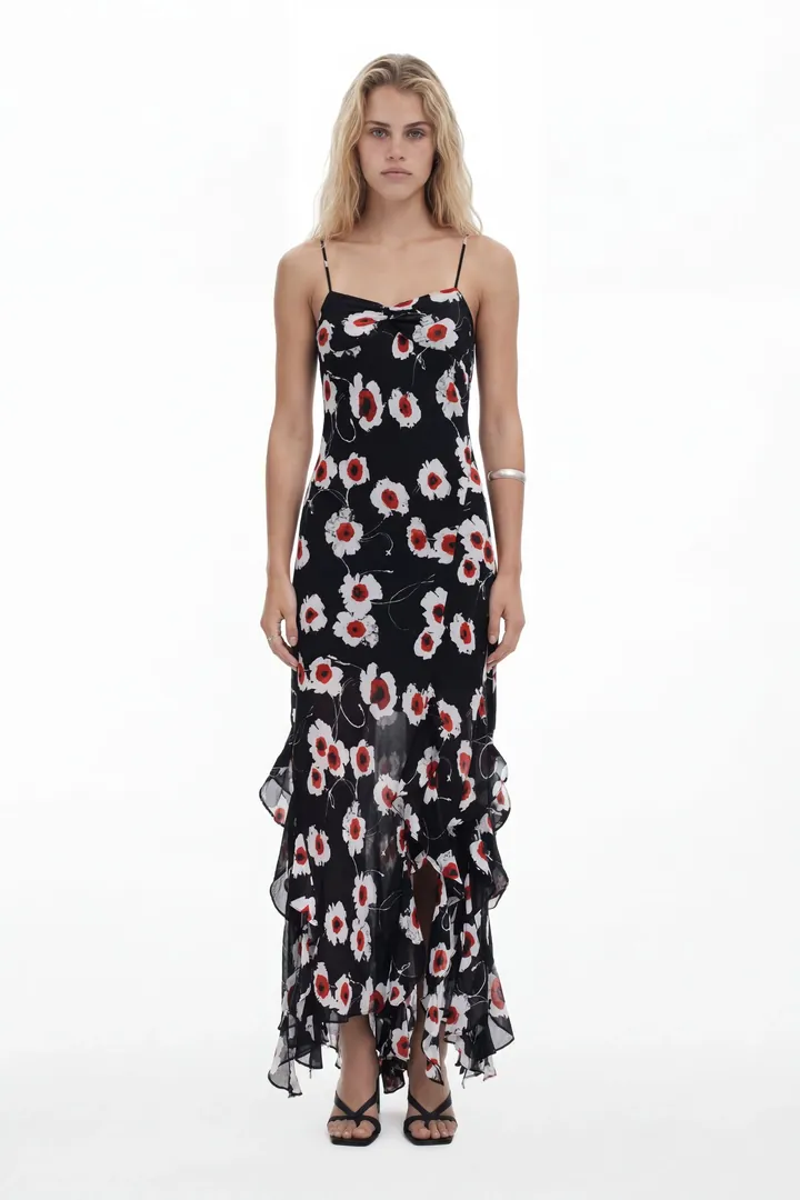 Desigual, Vestido midi amapolas volantes, Poliester, Negro, L