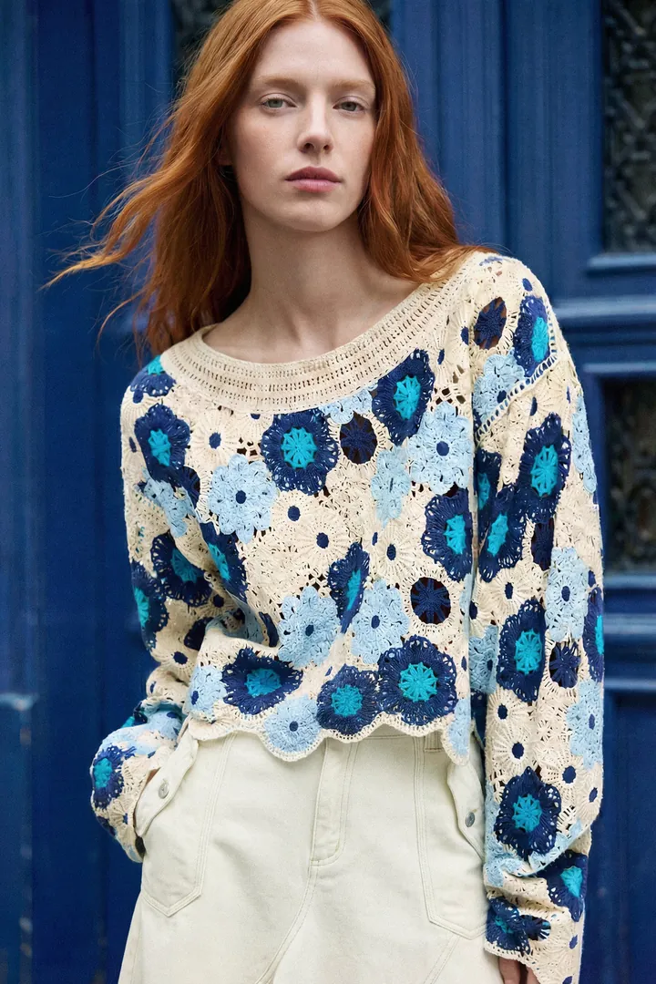 Desigual, Jersey crochet flores, Mujer, Azul, L