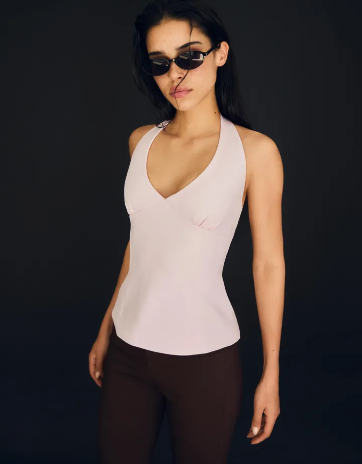 Bershka Top Halter Estructurado Lazos Mujer L Rosa