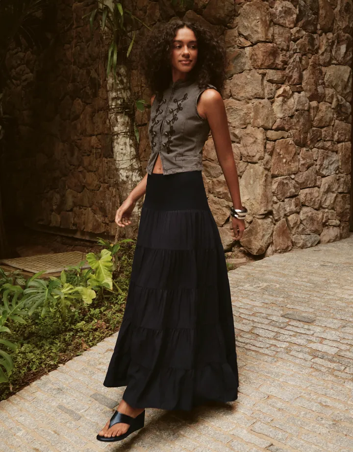 Bershka Falda Midi Cintura Vuelta Mujer L Negro