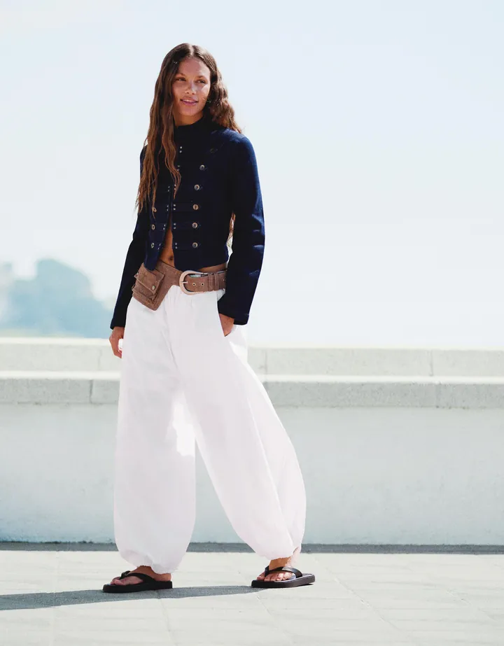 Bershka Pantalón Bloomer Popelín Mujer L Blanco