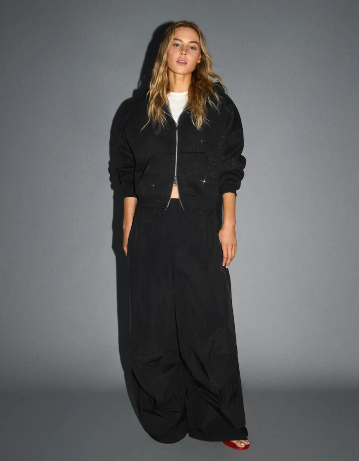 Bershka Sudadera Capucha Brillos Mujer L Negro