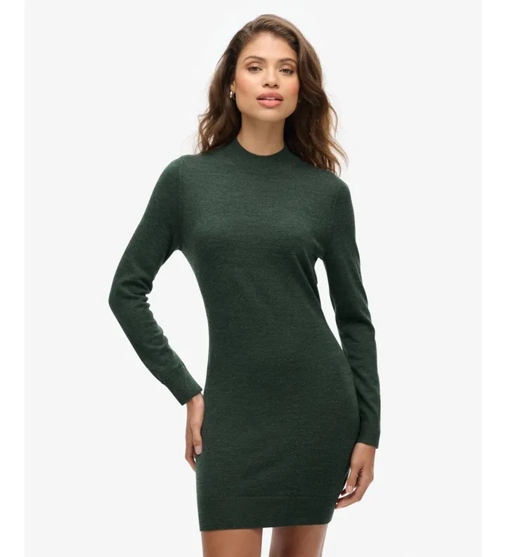 Superdry para mujer. W8011223A Vestido de punto en lana merino verde (L), Casual, Manga larga