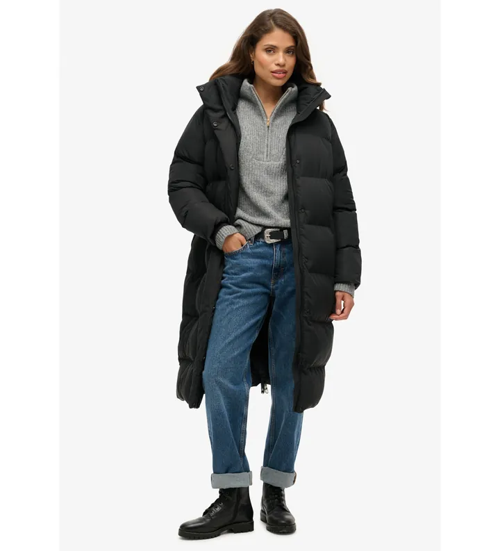 Superdry para mujer. W5011801A Abrigo acolchado largo con capucha negro (L), Casual, Poliéster, Sostenible