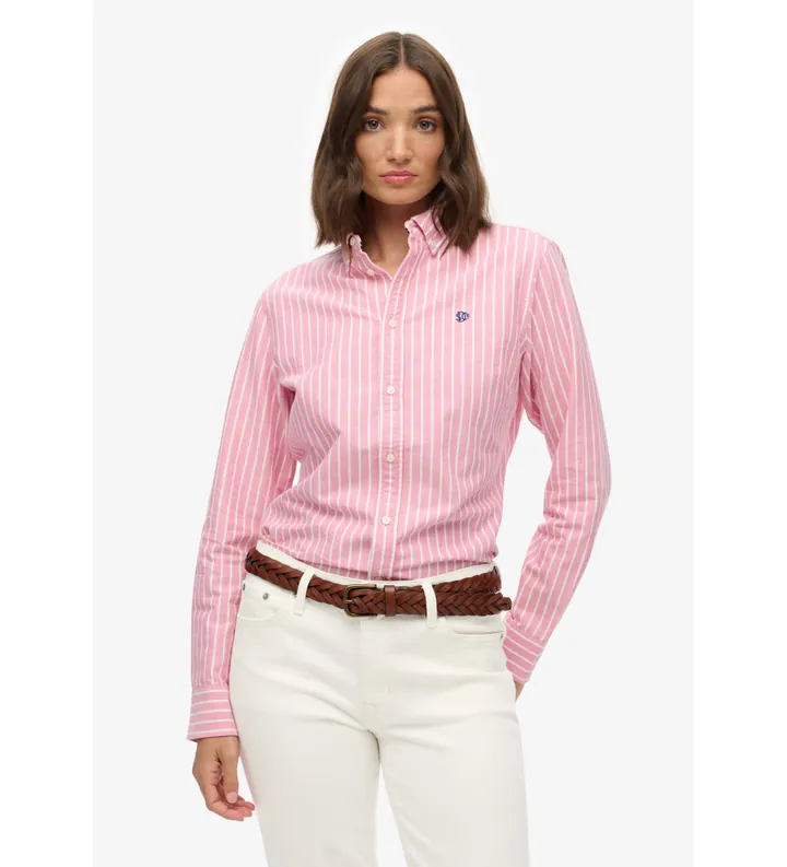 Superdry para mujer. W4010565A Camisa Slim Oxford rosa (L), Casual, Algodón, Manga larga
