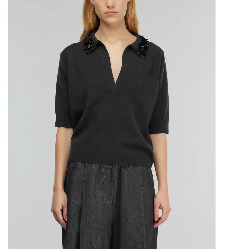 Semicouture para mujer. Y5WD27 Polo Giulia negro (L), Casual, Cachemir, Manga larga