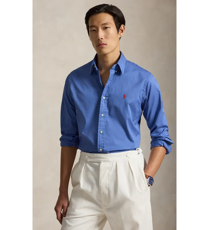Polo Ralph Lauren para hombre. 710B20512004 Camisa Custom Fit de sarga ligera azul (XXL), Casual, Fiesta, Algodón, Clásico, Manga larga