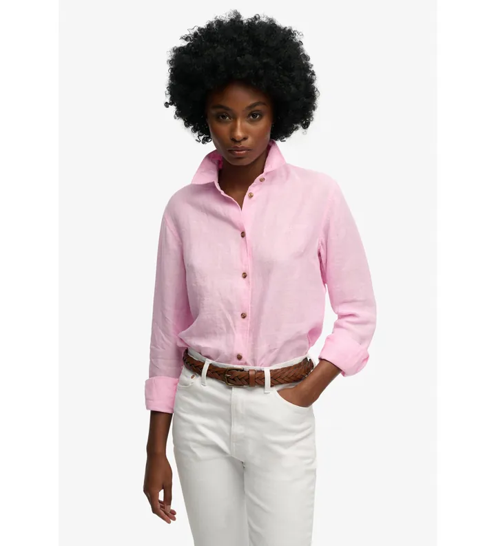 Superdry para mujer. W4010587A Camisa Premium Slim rosa (S), Casual, Lino, Manga larga