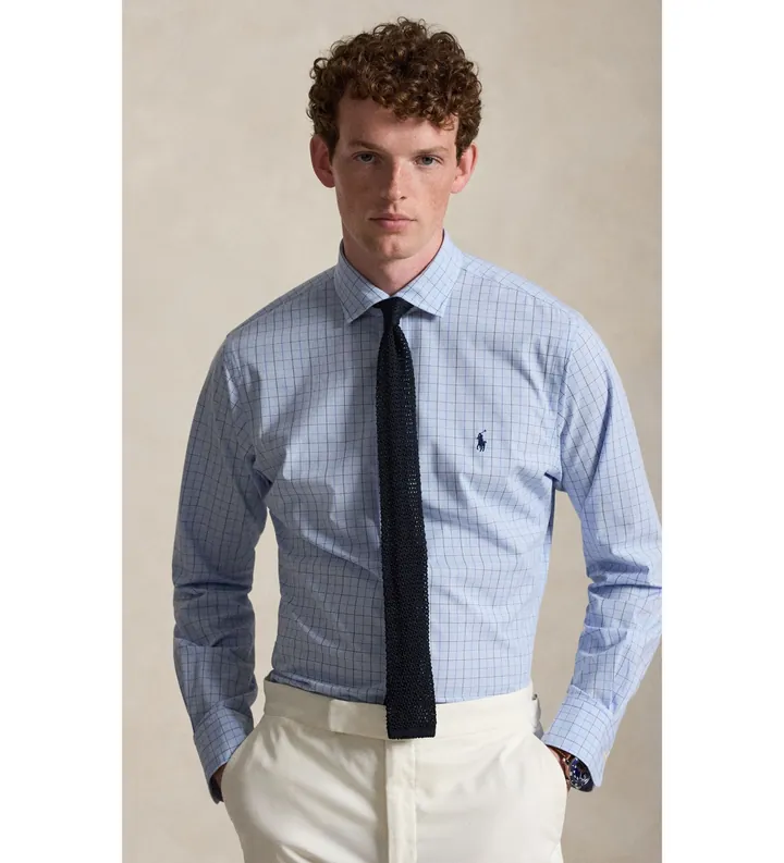 Polo Ralph Lauren para hombre. 710B22587001 Camisa de popelina elástica con cuadros azul (L), Casual, Algodón, Manga larga