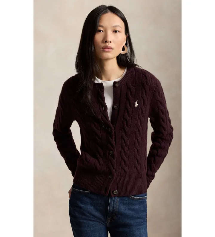 Polo Ralph Lauren para mujer. 211972104506 Cárdigan de lana y cachemira granate (L), Casual
