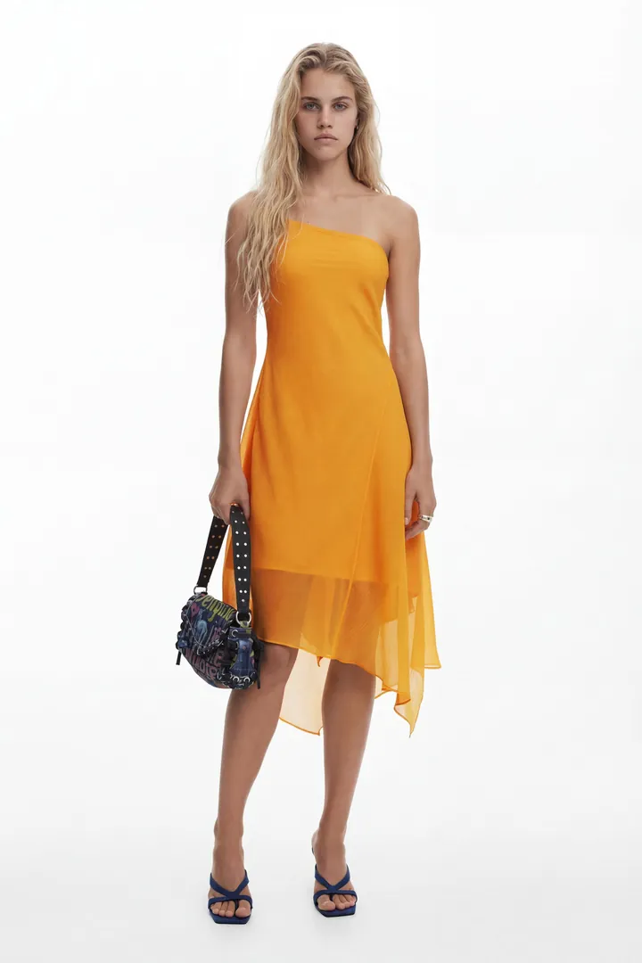 Desigual, Vestido midi asimétrico capas, Poliester, Naranja, L