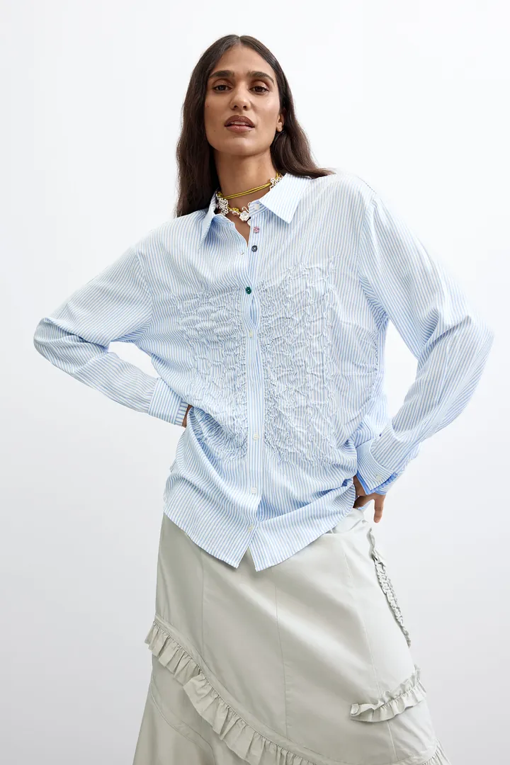 Desigual, Camisa rayas larga, Mujer, Viscosa, Azul, L