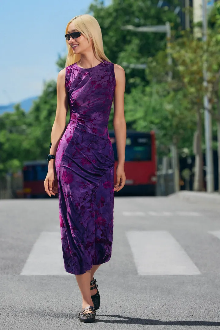 Desigual, Vestido midi flocado, Mujer, Poliester, Rojo, L