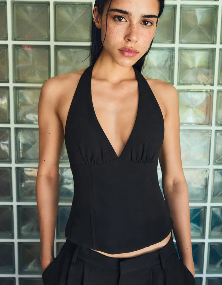 Bershka Top Halter Estructurado Lazos Mujer L Negro
