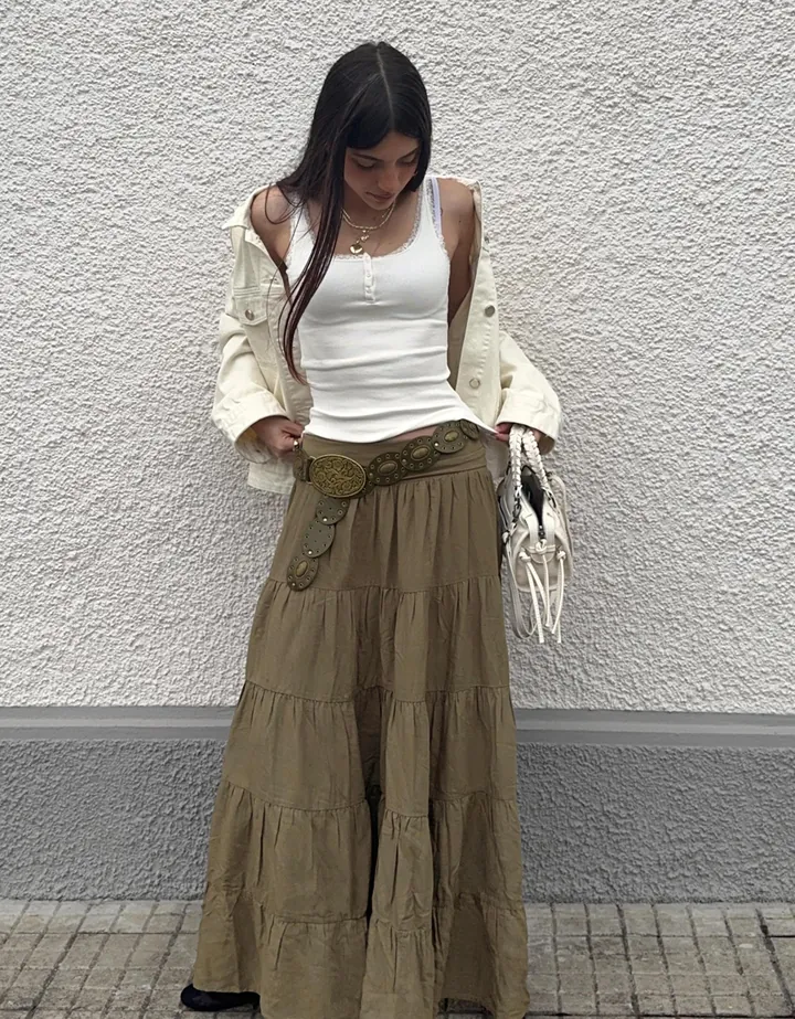 Bershka Falda Midi Cintura Vuelta Mujer L Kaki