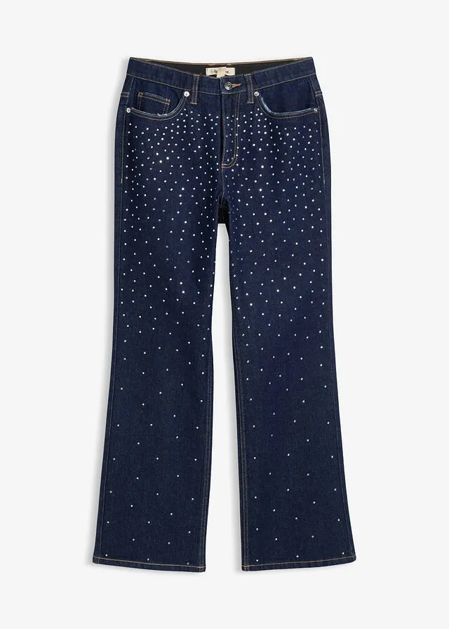 Vaqueros straight, mid waist, con piedras brillantes