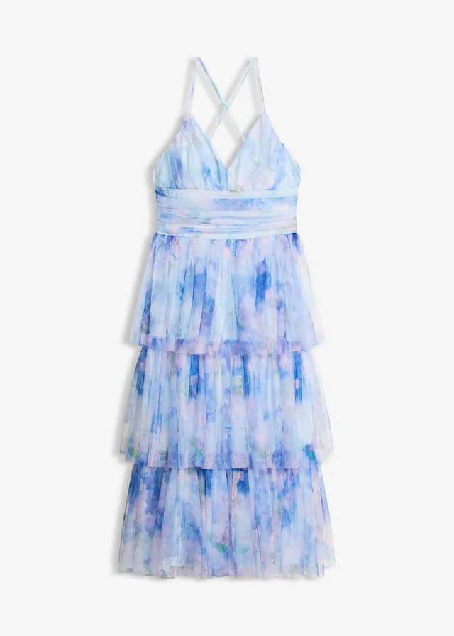 Vestido midi de tul fino con volantes