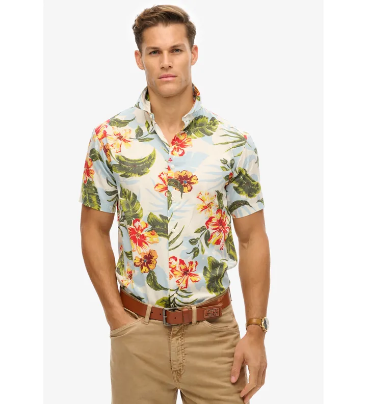 Superdry para hombre. M4010947A Camisa con estampado hawaiano multicolor (L), Casual, Modal, Manga corta
