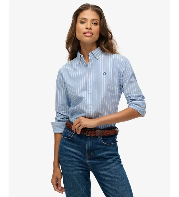 Superdry para mujer. W4010565A Camisa Slim Oxford azul (L), Casual, Algodón, Clásico, Manga larga