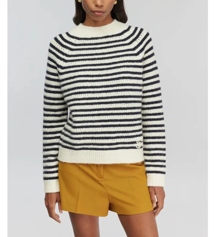 Semicouture para mujer. Y5WF12 Jersey Morgana a rayas (L), Blanco, Casual, Poliéster, Marino