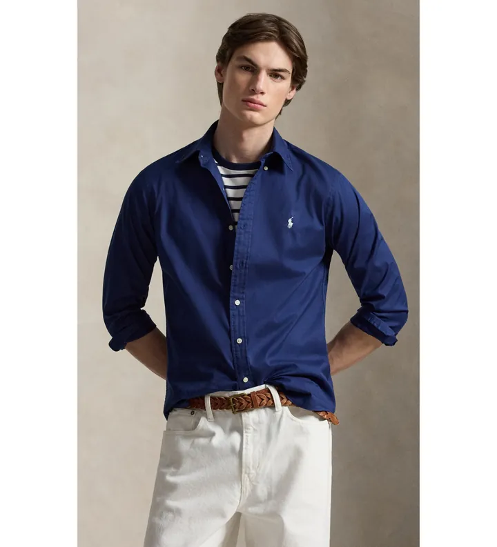 Polo Ralph Lauren para hombre. 710B20512006 Camisa Custom Fit de sarga ligera marino (S), Casual, Fiesta, Algodón, Clásico, Manga larga
