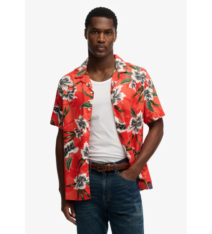 Superdry para hombre. M4011128A Camisa Hawaiian rojo (M), Casual, Modal, Manga corta