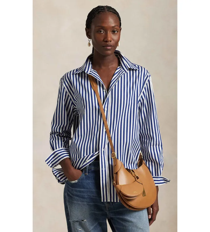 Polo Ralph Lauren para mujer. 211968218001 Camisa oversize de algodón con rayas azul (L), Casual, Clásico, Manga larga