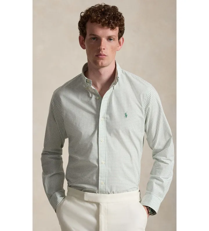 Polo Ralph Lauren para hombre. 710B22585001 Camisa de popelina elástica Custom Fit verde (L), Casual, Algodón, Manga larga