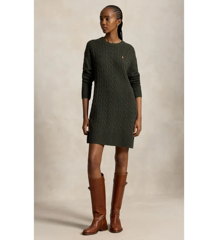 Polo Ralph Lauren para mujer. 211B17446002 Vestido de lana y cachemira verde (L), Casual, Manga larga