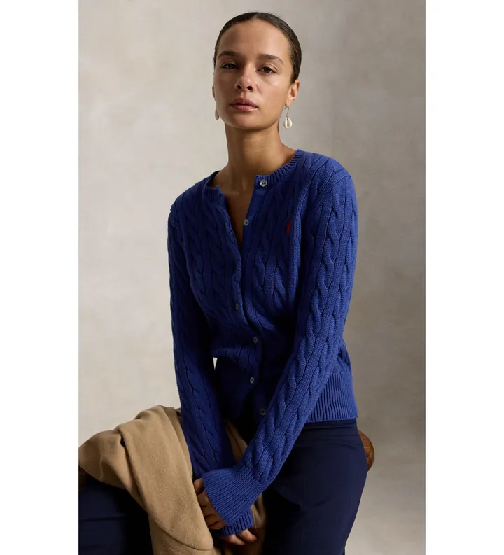 Polo Ralph Lauren para mujer. 211971868510 Cárdigan de algodón en punto de ochos marino (L), Azul, Casual