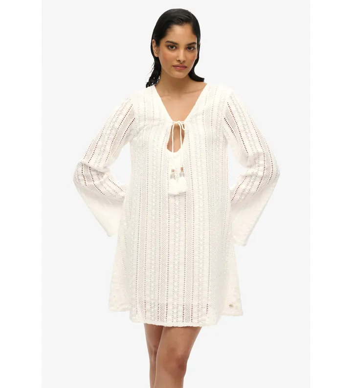 Superdry para mujer. W8011933A Minivestido con encaje Ibiza blanco (S), Casual, Algodón, Manga larga