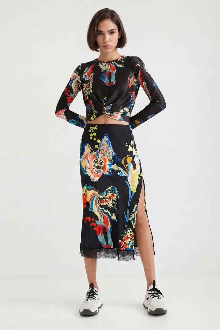 Desigual, Camiseta flores cintura fruncida, Negro, L