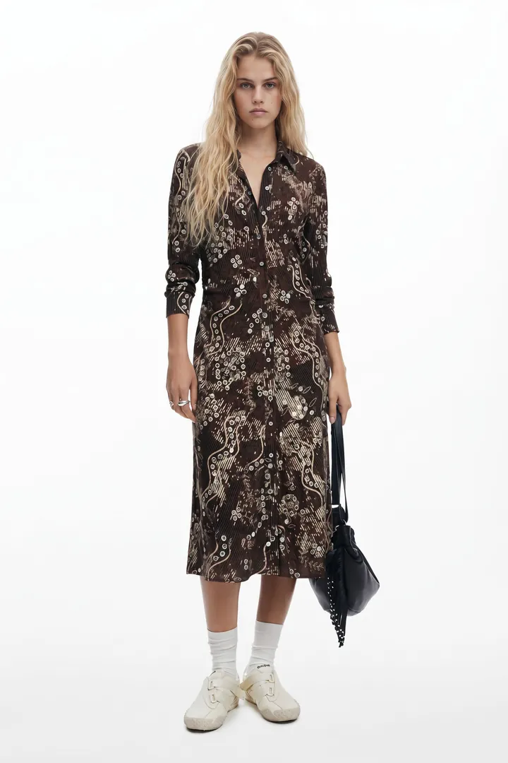Desigual, Vestido camisero serpiente, Viscosa, MarróN, L