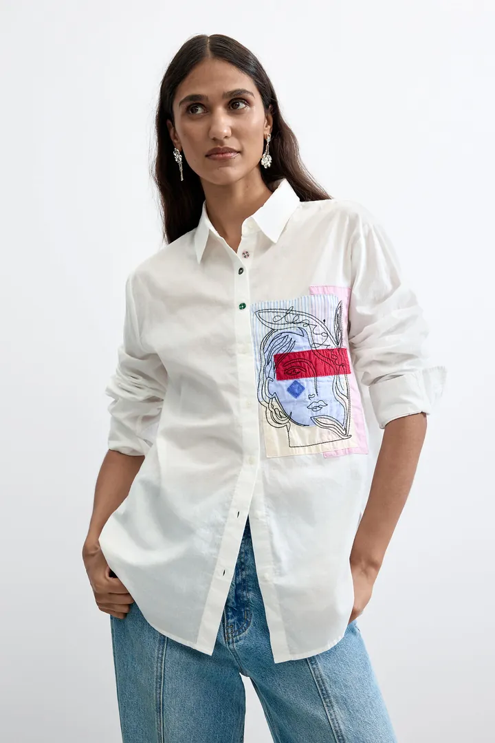 Desigual, Camisa Bolsillo Estampado 100% Algodón, Mujer, Algodon, Blanco, L