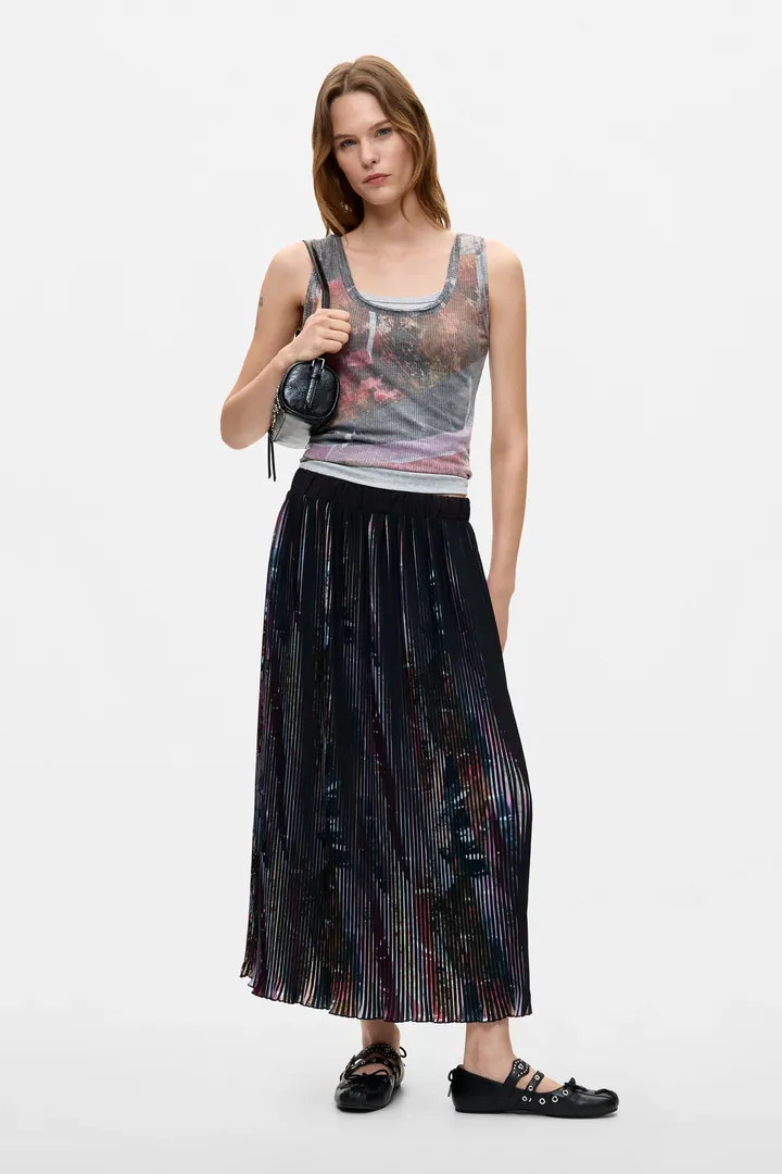 Desigual, Falda Plisada Midi Floral, Mujer, Poliester, Negro, L