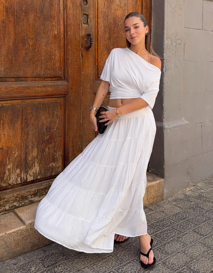 Bershka Falda Midi Cintura Vuelta Mujer L Blanco