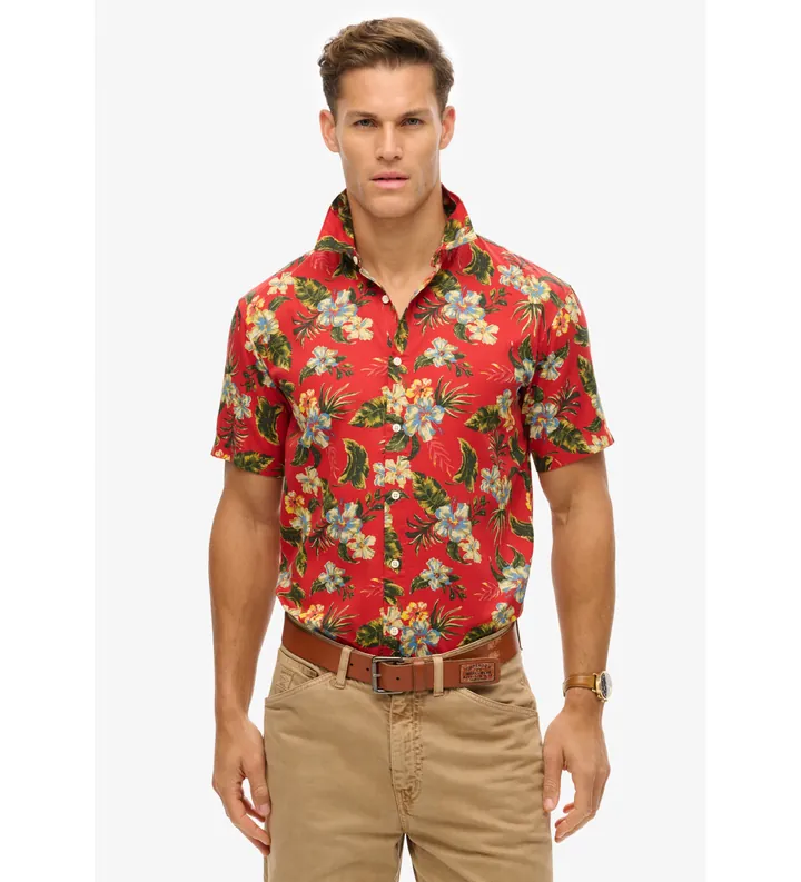 Superdry para hombre. M4010947A Camisa con estampado hawaiano rojo (L), Casual, Modal, Manga corta