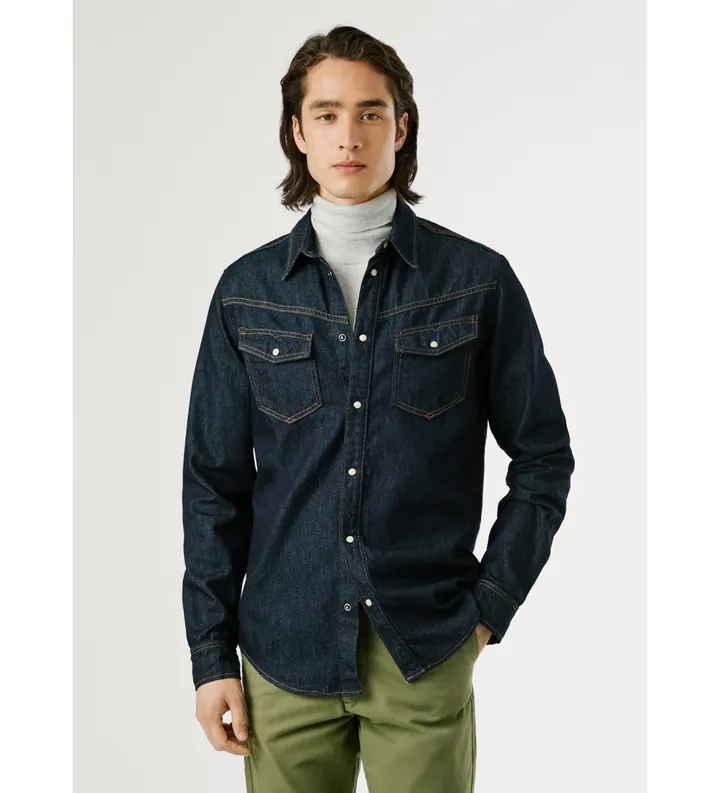 Pepe Jeans para hombre. PM3090809 Camisa Western Rinse marino (L), Casual, Algodón, Manga larga