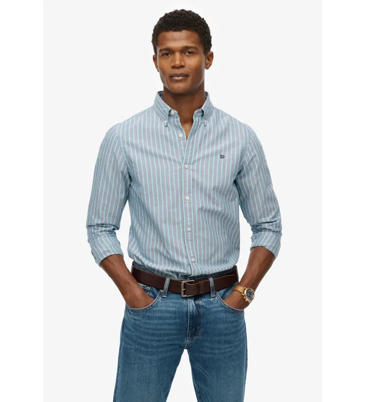 Superdry para hombre. M4011037A Camisa Classic Oxford verde (L), Casual, Algodón, Manga larga