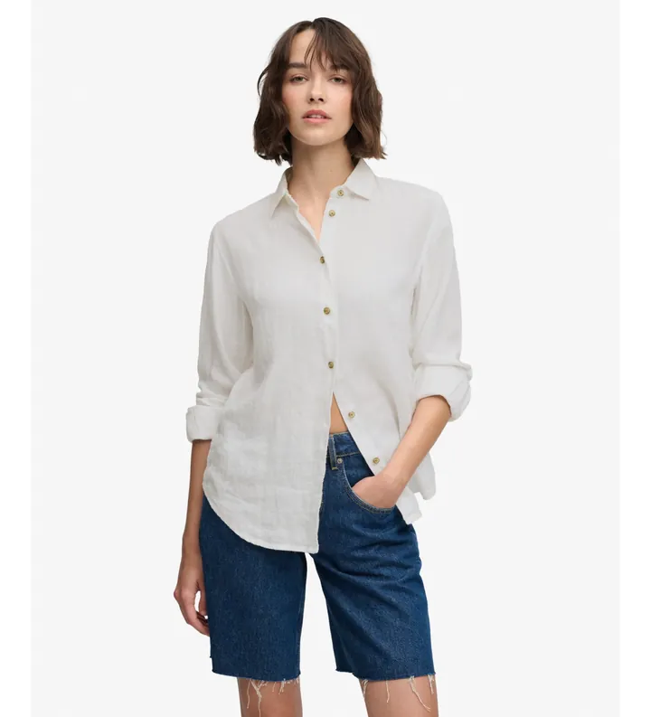 Superdry para mujer. W4010587A Camisa Prmium de Lino blanco (L), Casual, Manga larga