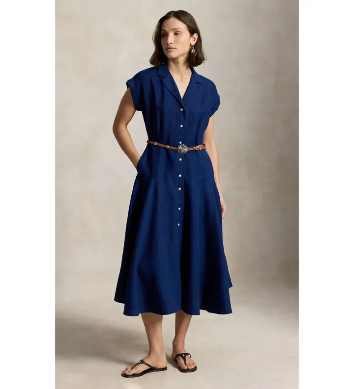 Polo Ralph Lauren para mujer. 211B22538002 Vestido camisero de lino con manga corta marino (34), Azul, Casual